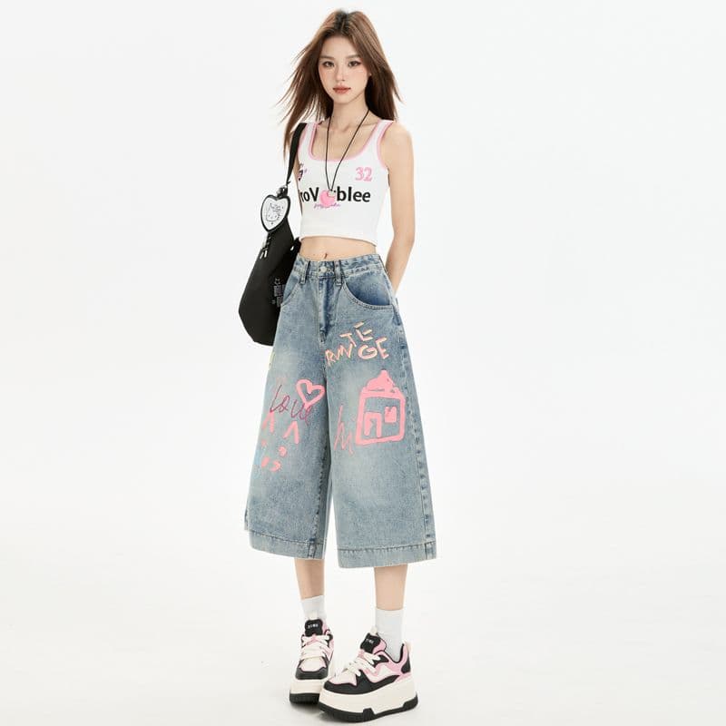 낙서 데님 7부 바지 여성 여름 아메리칸 와이드 레그 팬츠 어린이 루즈핏 스트레이트 거리 캐주얼 반바지 이미지 4