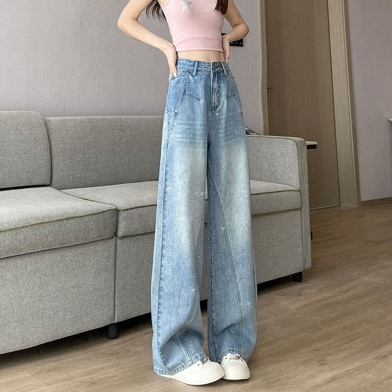 아메리칸 레트로 이른 봄 새로운 넓은 다리 핫픽스 청바지 여성 이미지 4