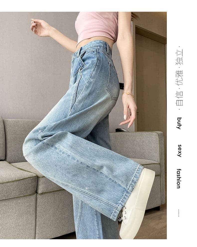 아메리칸 레트로 이른 봄 새로운 넓은 다리 핫픽스 청바지 여성 상세 이미지 17
