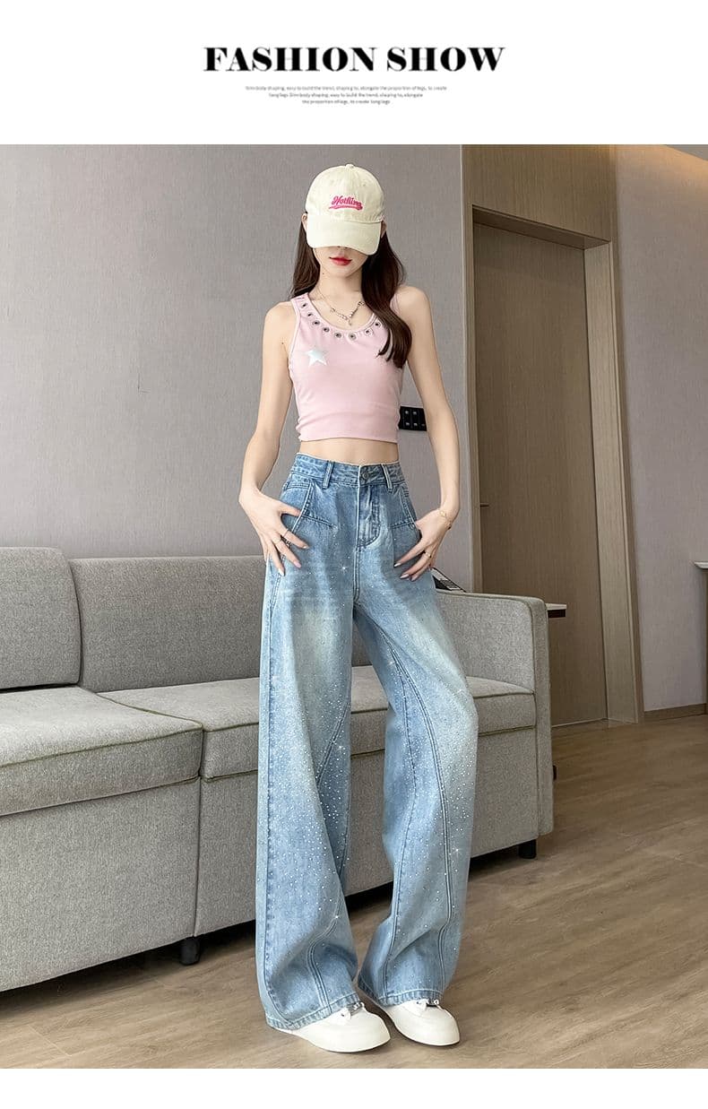 아메리칸 레트로 이른 봄 새로운 넓은 다리 핫픽스 청바지 여성 상세 이미지 18