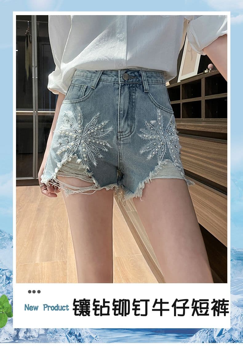 여름 노스탤지어 새로운 자수 비즈 박기 다이아몬드 세팅 찢어진 거친 가장자리 밝은색 데님 반바지 상세 이미지 1