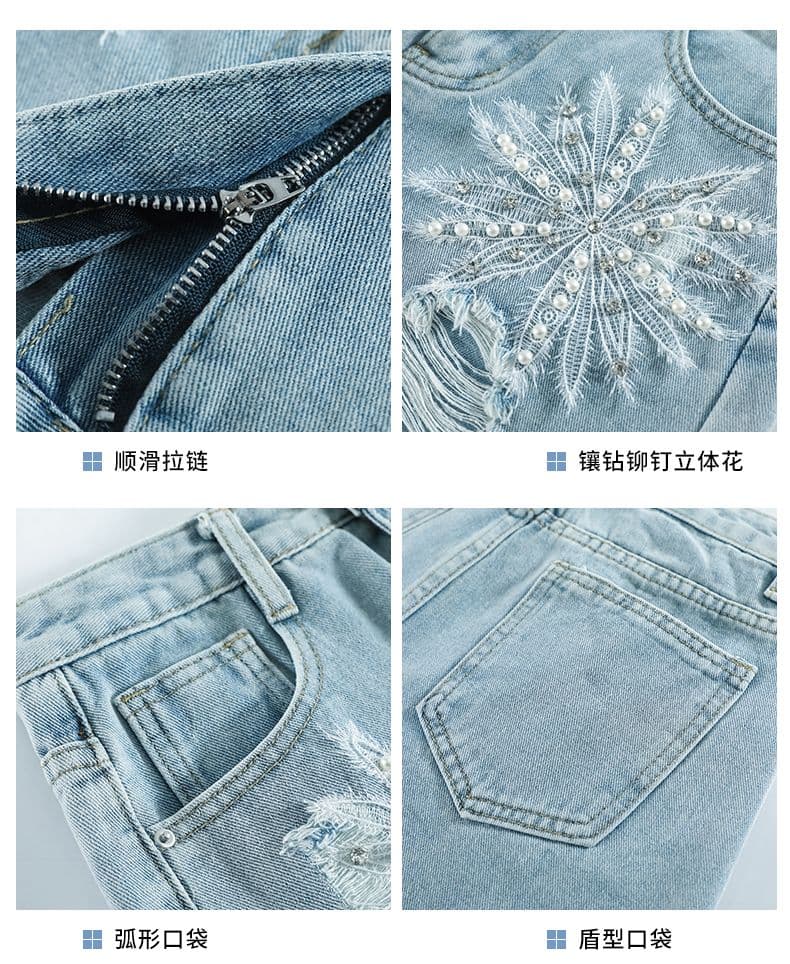 여름 노스탤지어 새로운 자수 비즈 박기 다이아몬드 세팅 찢어진 거친 가장자리 밝은색 데님 반바지 상세 이미지 10