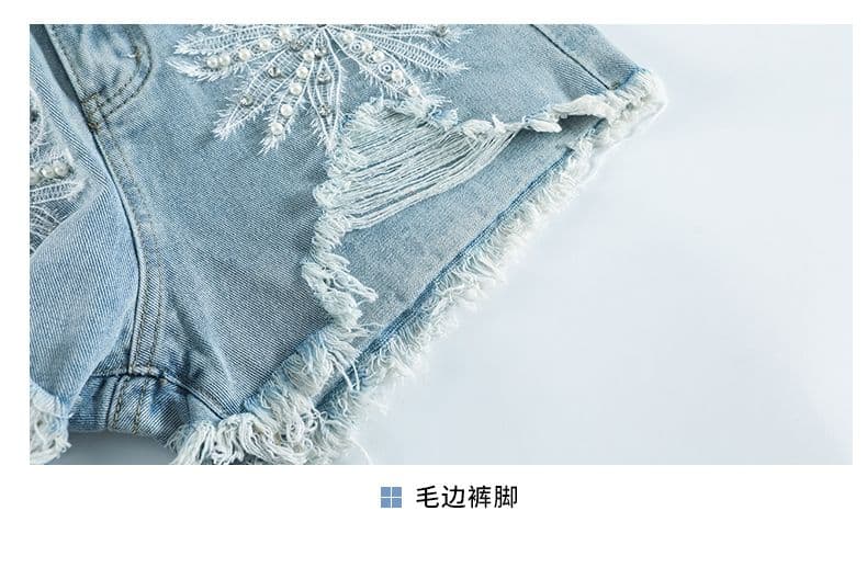 여름 노스탤지어 새로운 자수 비즈 박기 다이아몬드 세팅 찢어진 거친 가장자리 밝은색 데님 반바지 상세 이미지 11
