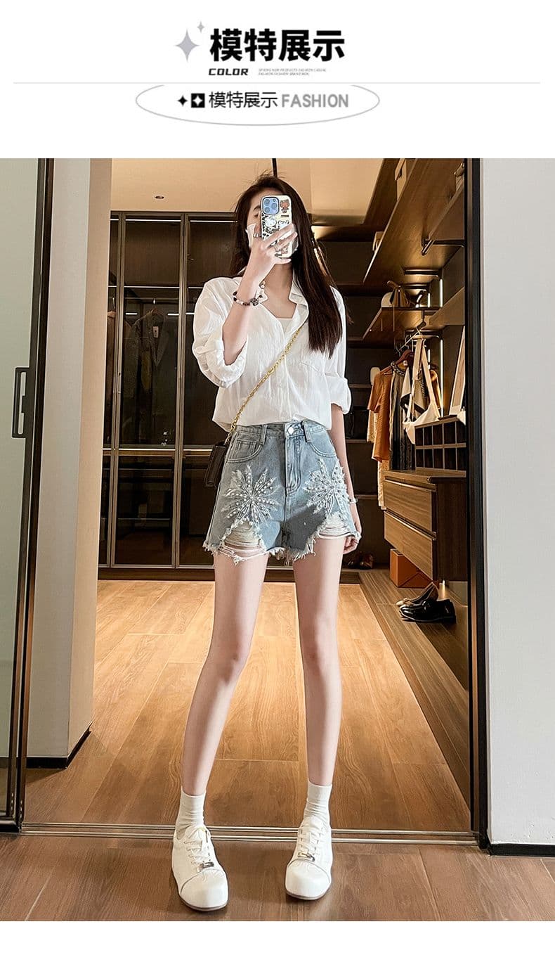 여름 노스탤지어 새로운 자수 비즈 박기 다이아몬드 세팅 찢어진 거친 가장자리 밝은색 데님 반바지 상세 이미지 12
