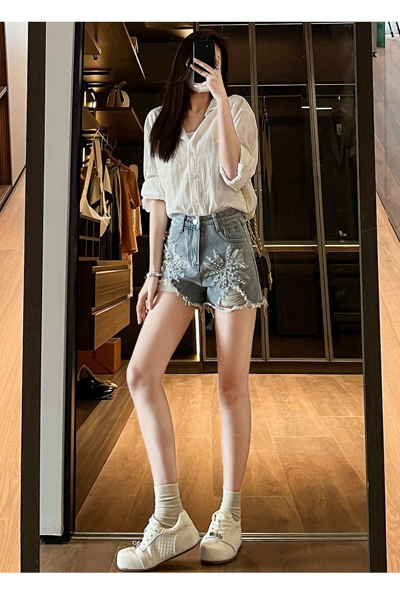 여름 노스탤지어 새로운 자수 비즈 박기 다이아몬드 세팅 찢어진 거친 가장자리 밝은색 데님 반바지 상세 이미지 14