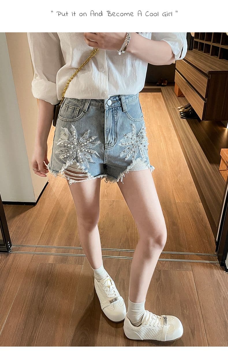 여름 노스탤지어 새로운 자수 비즈 박기 다이아몬드 세팅 찢어진 거친 가장자리 밝은색 데님 반바지 상세 이미지 15
