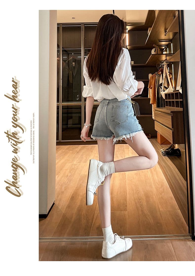 여름 노스탤지어 새로운 자수 비즈 박기 다이아몬드 세팅 찢어진 거친 가장자리 밝은색 데님 반바지 상세 이미지 16