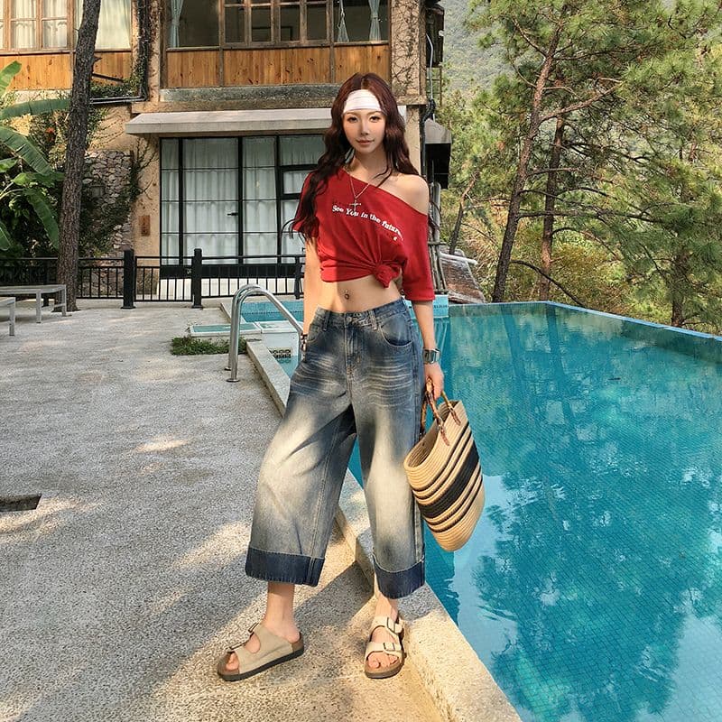 여름 새로운 아메리칸 레트로 워싱 마 오래된 질감 하이웨이스트 루즈핏 넓은 다리 7 점 데님 반바지 여성 이미지 2