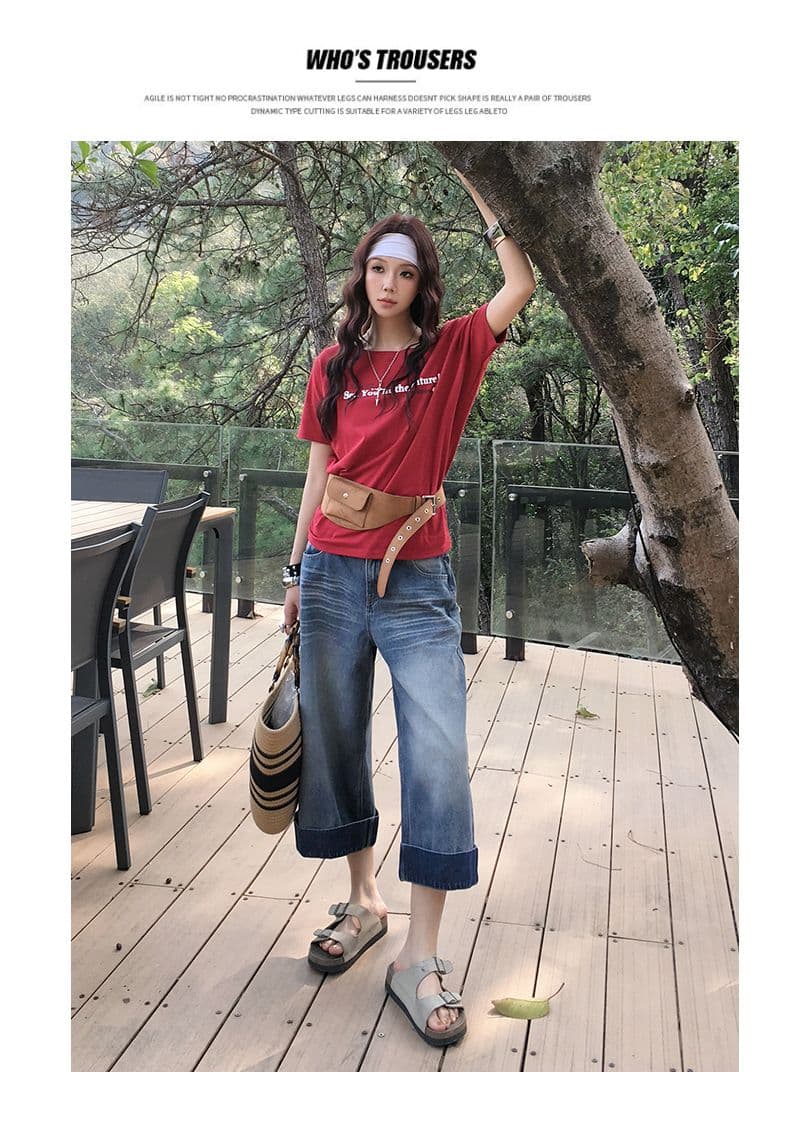 여름 새로운 아메리칸 레트로 워싱 마 오래된 질감 하이웨이스트 루즈핏 넓은 다리 7 점 데님 반바지 여성 상세 이미지 4
