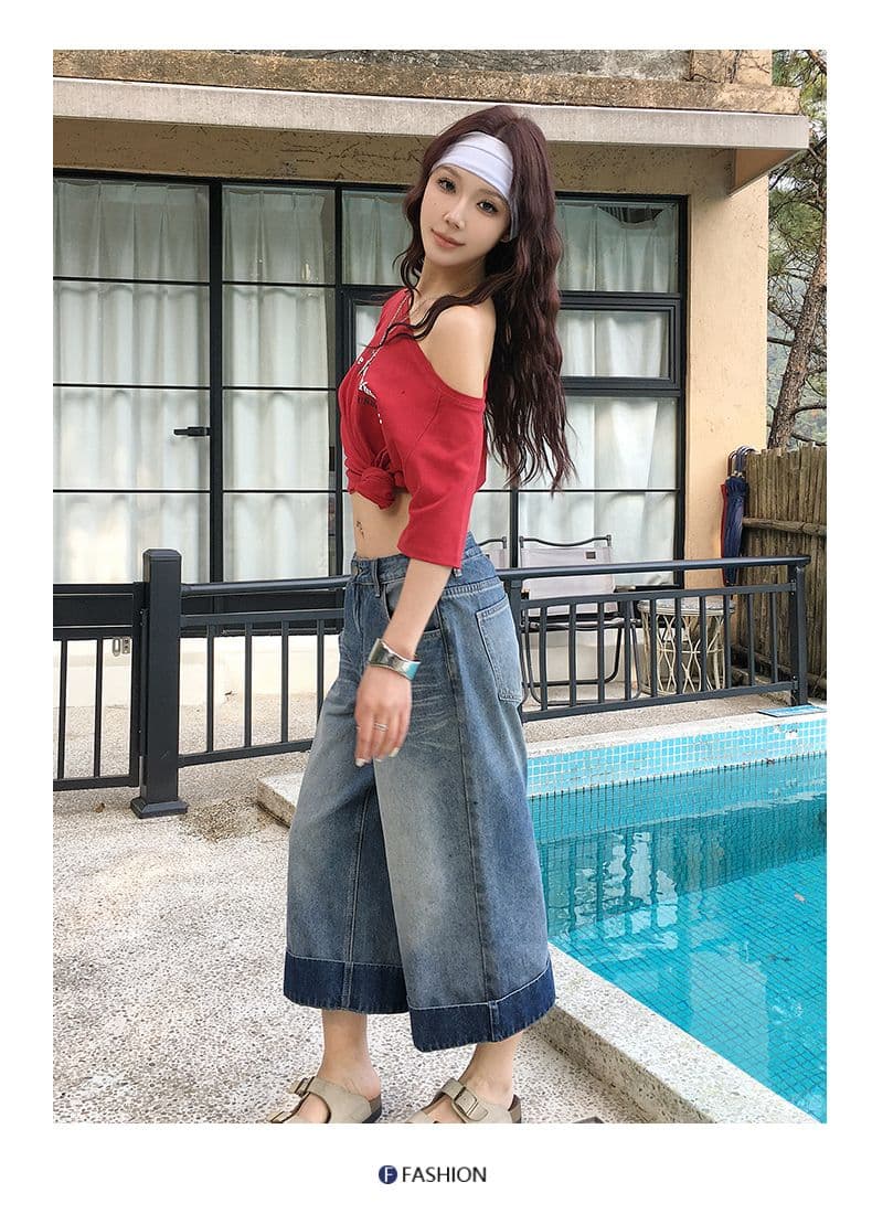 여름 새로운 아메리칸 레트로 워싱 마 오래된 질감 하이웨이스트 루즈핏 넓은 다리 7 점 데님 반바지 여성 상세 이미지 13