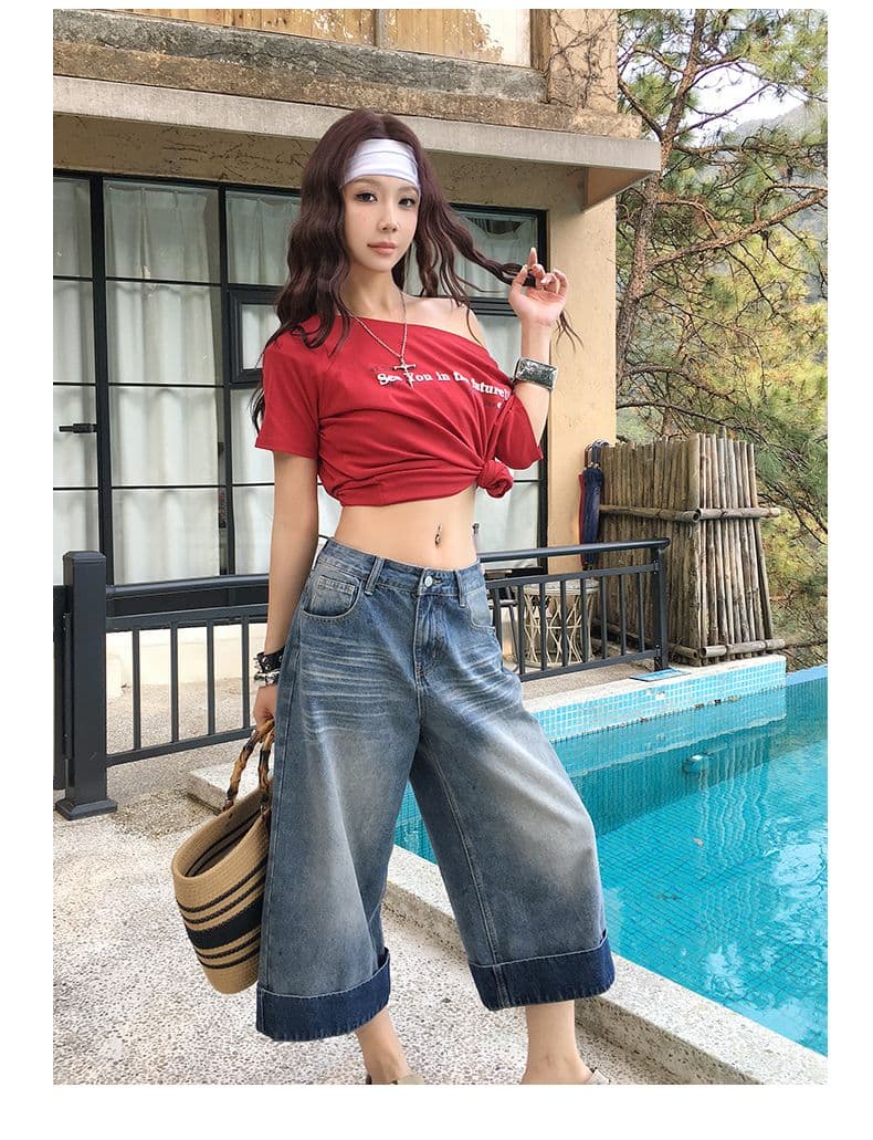 여름 새로운 아메리칸 레트로 워싱 마 오래된 질감 하이웨이스트 루즈핏 넓은 다리 7 점 데님 반바지 여성 상세 이미지 14