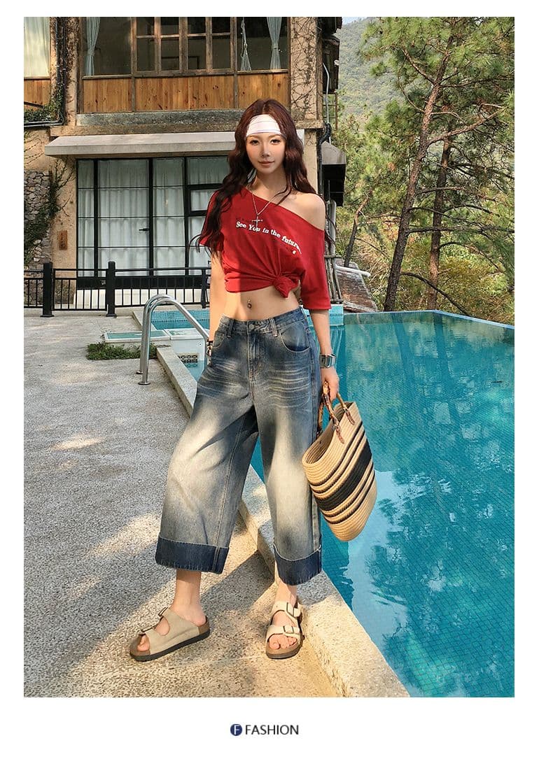 여름 새로운 아메리칸 레트로 워싱 마 오래된 질감 하이웨이스트 루즈핏 넓은 다리 7 점 데님 반바지 여성 상세 이미지 20