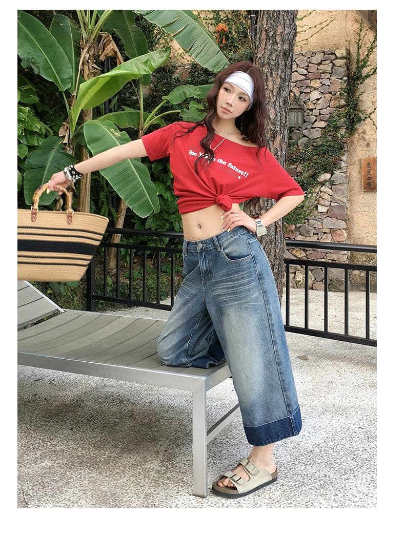여름 새로운 아메리칸 레트로 워싱 마 오래된 질감 하이웨이스트 루즈핏 넓은 다리 7 점 데님 반바지 여성 상세 이미지 21