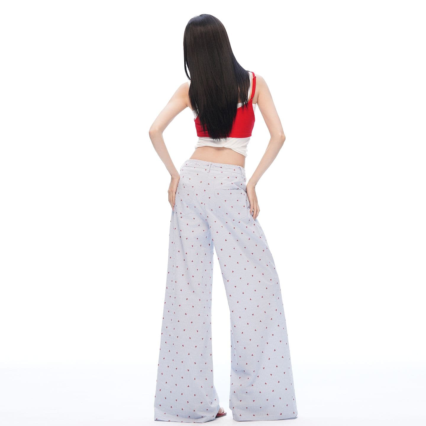 여름 해변가 파란색 레이스 조각 느긋한 넓은 다리 캐주얼 바지 여성 루즈핏 슬림해 보이는 자수 꽃무늬 긴 바지 이미지 4
