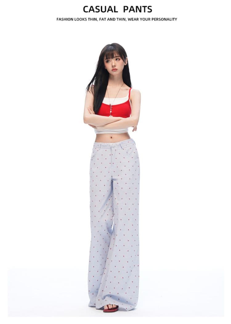 여름 해변가 파란색 레이스 조각 느긋한 넓은 다리 캐주얼 바지 여성 루즈핏 슬림해 보이는 자수 꽃무늬 긴 바지 상세 이미지 19