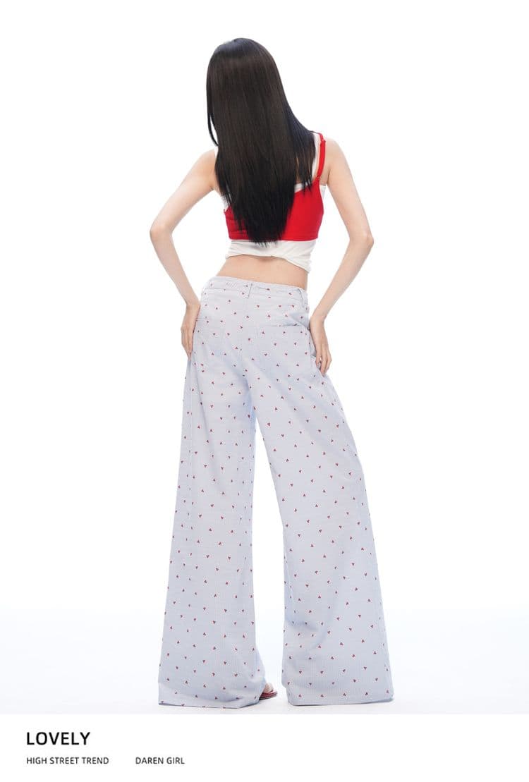 여름 해변가 파란색 레이스 조각 느긋한 넓은 다리 캐주얼 바지 여성 루즈핏 슬림해 보이는 자수 꽃무늬 긴 바지 상세 이미지 21