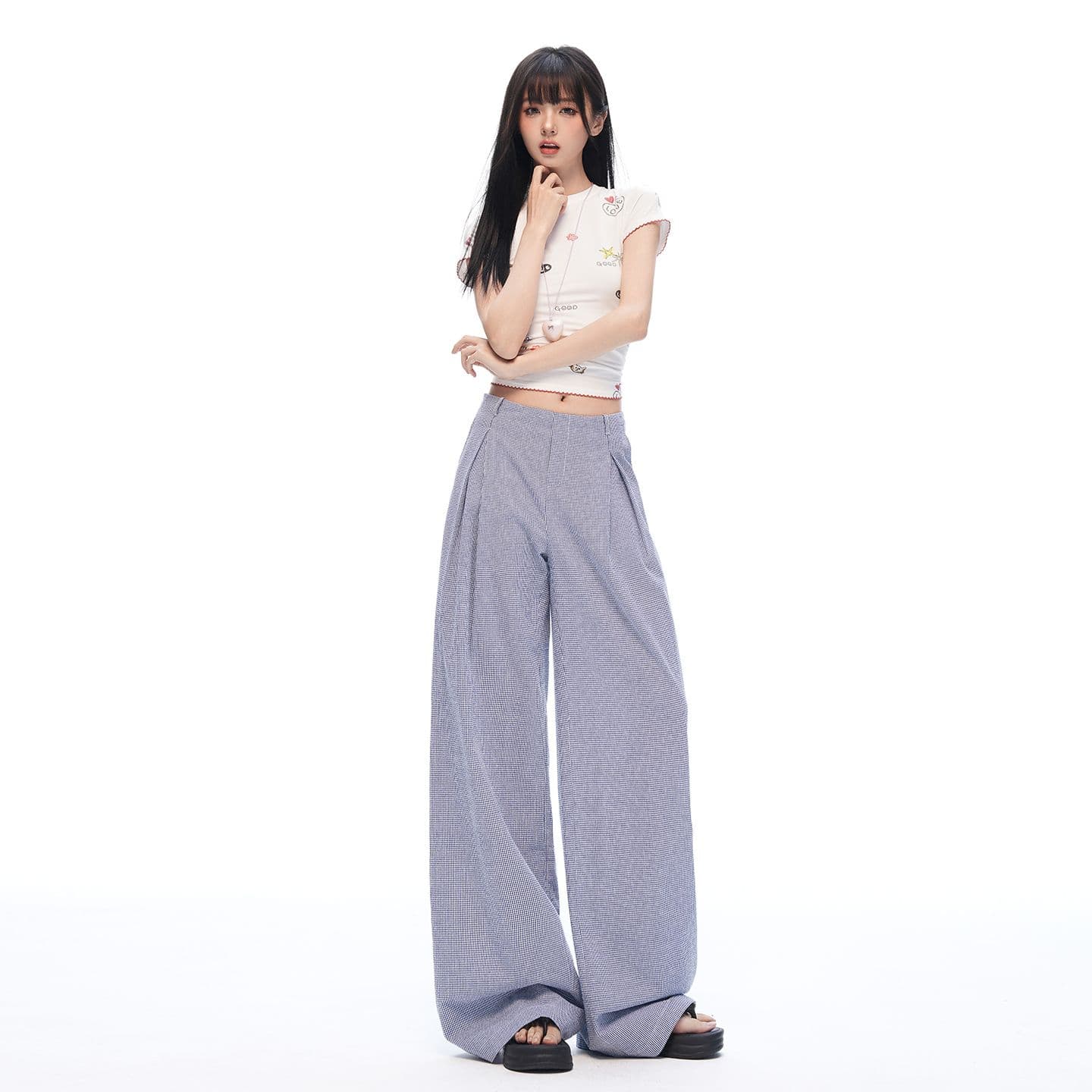 느긋한 여름 오래된 돈 바람 안개 블루 체크무늬 스트레이트 와이드 레깅스 바지 명중 Pleat 통기성 한 마디 프로필 모양 캐주얼 바지 이미지 4