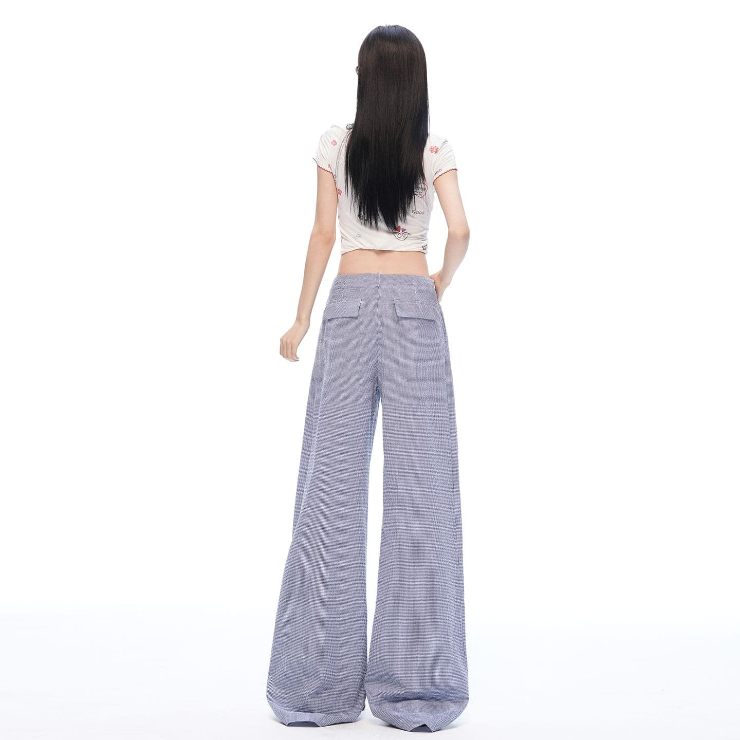 느긋한 여름 오래된 돈 바람 안개 블루 체크무늬 스트레이트 와이드 레깅스 바지 명중 Pleat 통기성 한 마디 프로필 모양 캐주얼 바지 이미지 5
