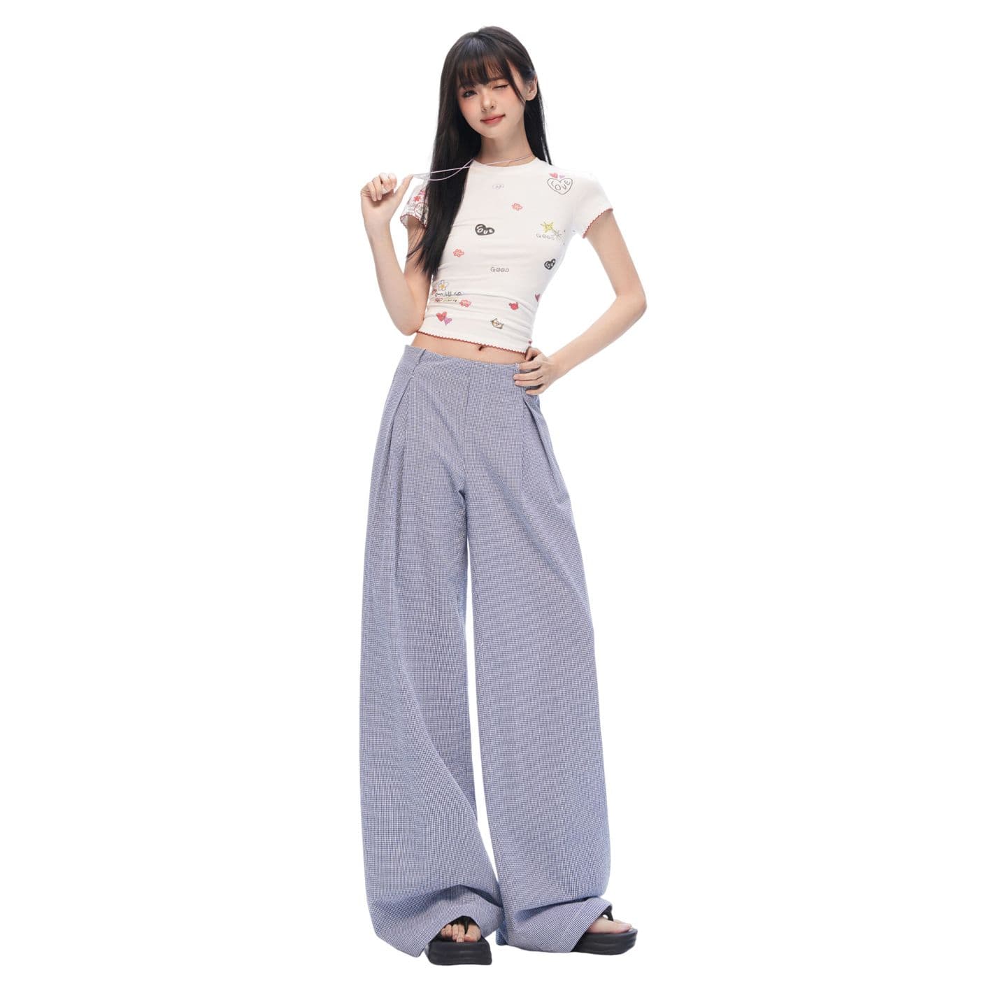 느긋한 여름 오래된 돈 바람 안개 블루 체크무늬 스트레이트 와이드 레깅스 바지 명중 Pleat 통기성 한 마디 프로필 모양 캐주얼 바지 이미지 2