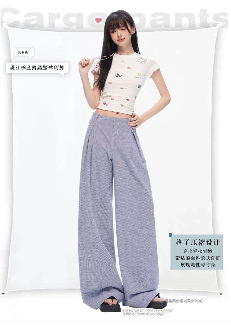 느긋한 여름 오래된 돈 바람 안개 블루 체크무늬 스트레이트 와이드 레깅스 바지 명중 Pleat 통기성 한 마디 프로필 모양 캐주얼 바지 상세 이미지 1
