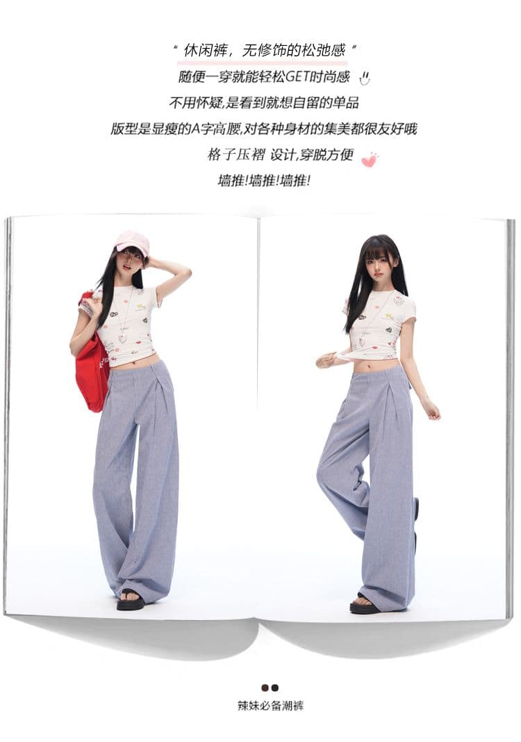 느긋한 여름 오래된 돈 바람 안개 블루 체크무늬 스트레이트 와이드 레깅스 바지 명중 Pleat 통기성 한 마디 프로필 모양 캐주얼 바지 상세 이미지 2