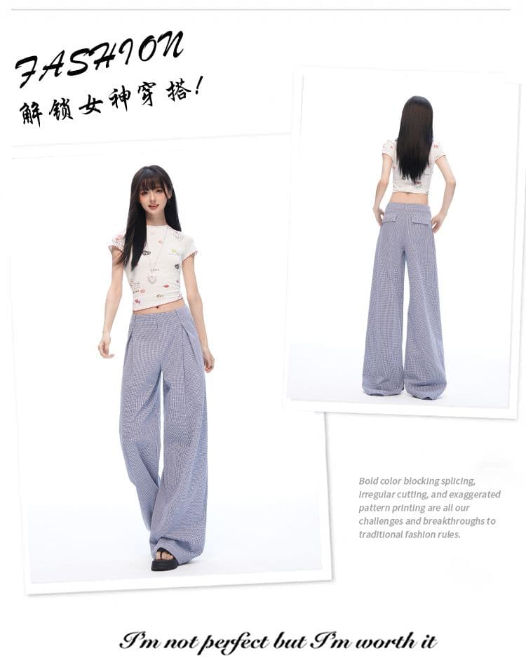 느긋한 여름 오래된 돈 바람 안개 블루 체크무늬 스트레이트 와이드 레깅스 바지 명중 Pleat 통기성 한 마디 프로필 모양 캐주얼 바지 상세 이미지 5