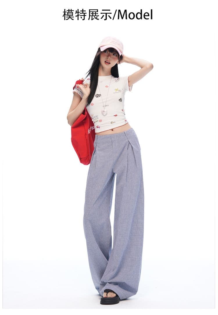 느긋한 여름 오래된 돈 바람 안개 블루 체크무늬 스트레이트 와이드 레깅스 바지 명중 Pleat 통기성 한 마디 프로필 모양 캐주얼 바지 상세 이미지 8