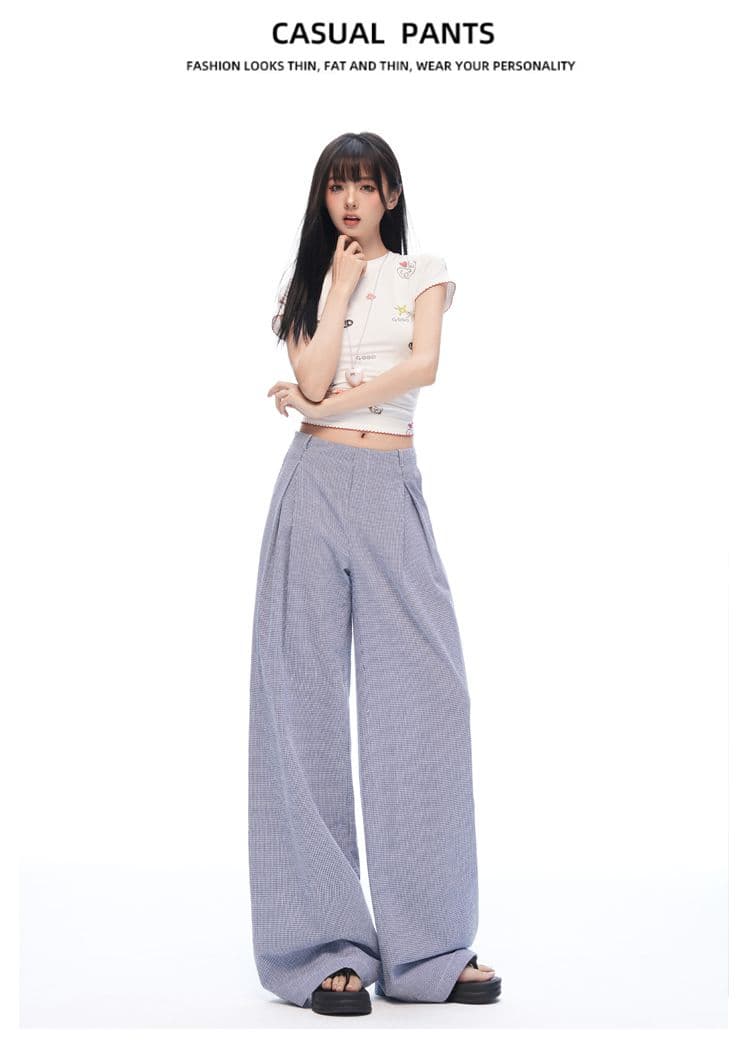 느긋한 여름 오래된 돈 바람 안개 블루 체크무늬 스트레이트 와이드 레깅스 바지 명중 Pleat 통기성 한 마디 프로필 모양 캐주얼 바지 상세 이미지 10