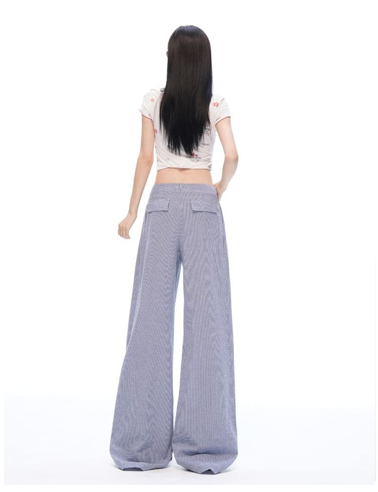 느긋한 여름 오래된 돈 바람 안개 블루 체크무늬 스트레이트 와이드 레깅스 바지 명중 Pleat 통기성 한 마디 프로필 모양 캐주얼 바지 상세 이미지 12