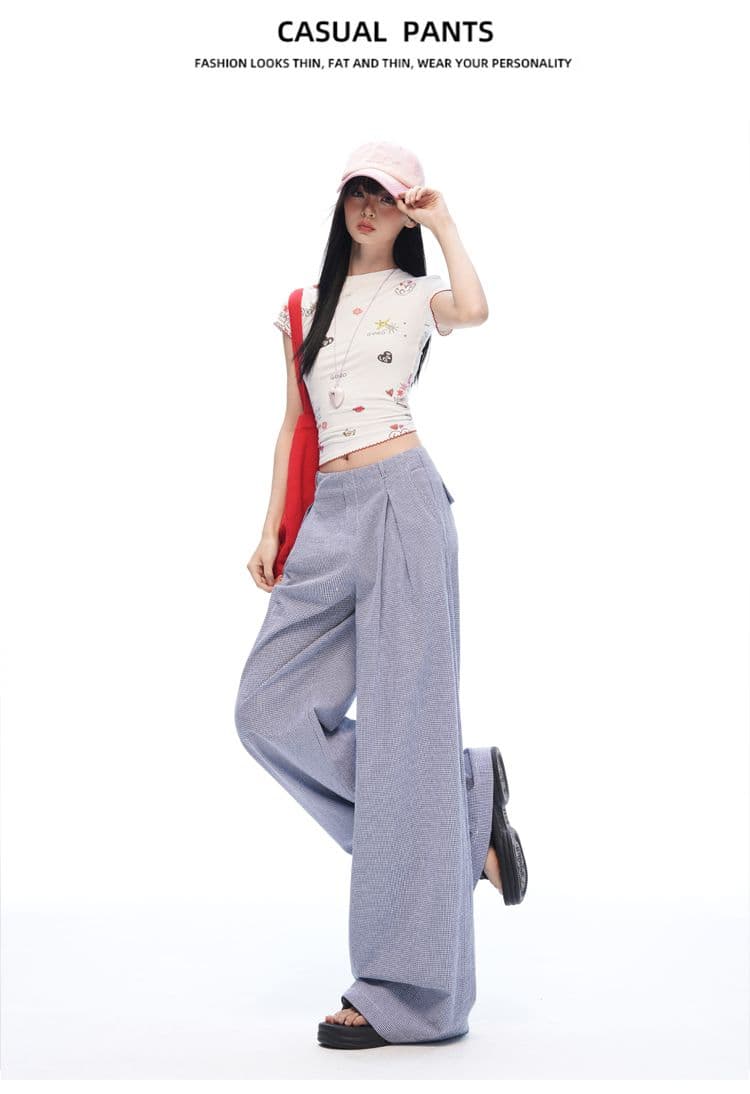 느긋한 여름 오래된 돈 바람 안개 블루 체크무늬 스트레이트 와이드 레깅스 바지 명중 Pleat 통기성 한 마디 프로필 모양 캐주얼 바지 상세 이미지 13