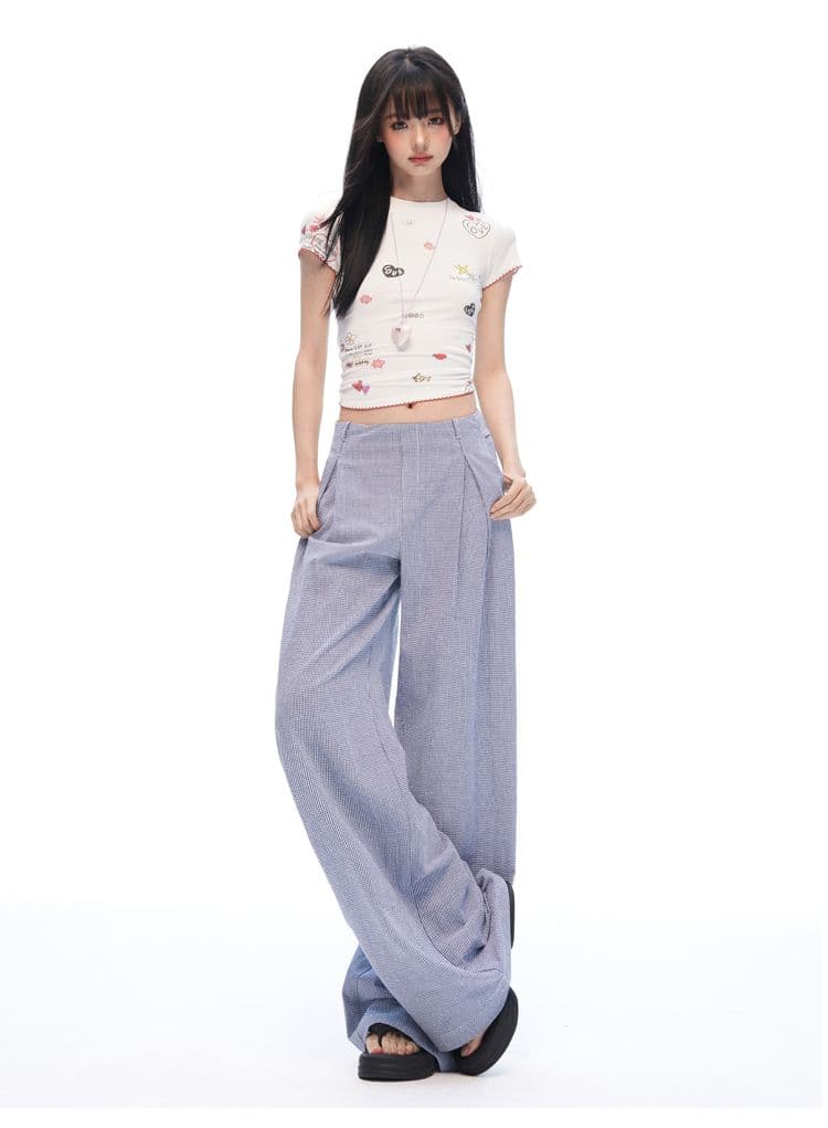 느긋한 여름 오래된 돈 바람 안개 블루 체크무늬 스트레이트 와이드 레깅스 바지 명중 Pleat 통기성 한 마디 프로필 모양 캐주얼 바지 상세 이미지 15