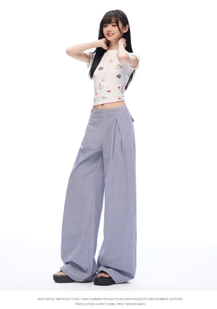 느긋한 여름 오래된 돈 바람 안개 블루 체크무늬 스트레이트 와이드 레깅스 바지 명중 Pleat 통기성 한 마디 프로필 모양 캐주얼 바지 상세 이미지 16