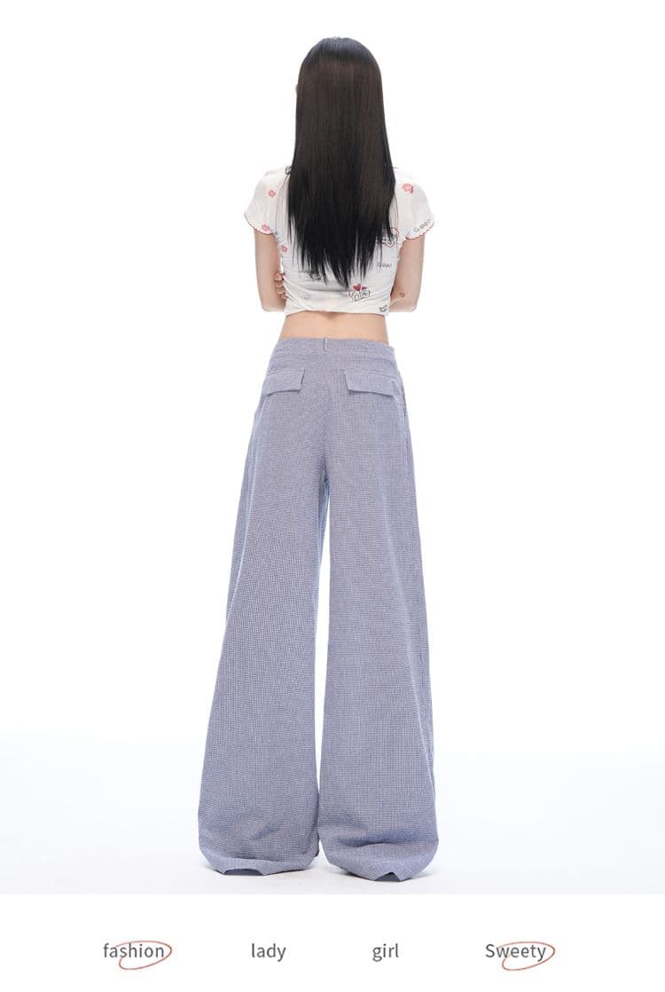 느긋한 여름 오래된 돈 바람 안개 블루 체크무늬 스트레이트 와이드 레깅스 바지 명중 Pleat 통기성 한 마디 프로필 모양 캐주얼 바지 상세 이미지 17
