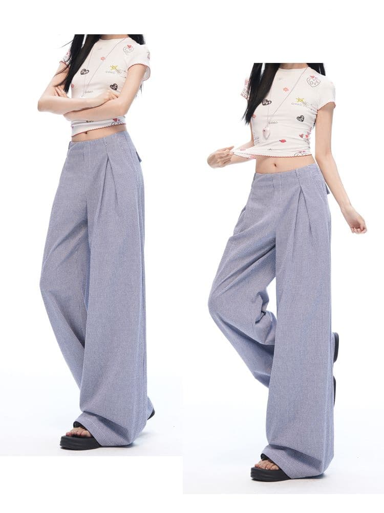 느긋한 여름 오래된 돈 바람 안개 블루 체크무늬 스트레이트 와이드 레깅스 바지 명중 Pleat 통기성 한 마디 프로필 모양 캐주얼 바지 상세 이미지 18