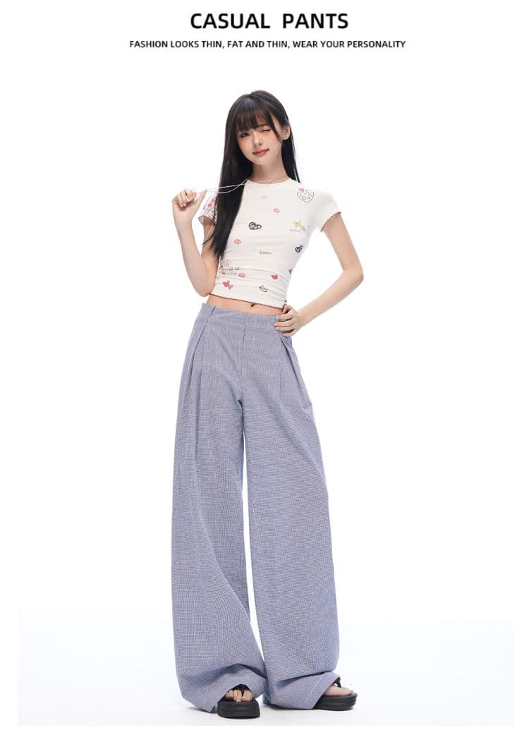느긋한 여름 오래된 돈 바람 안개 블루 체크무늬 스트레이트 와이드 레깅스 바지 명중 Pleat 통기성 한 마디 프로필 모양 캐주얼 바지 상세 이미지 19