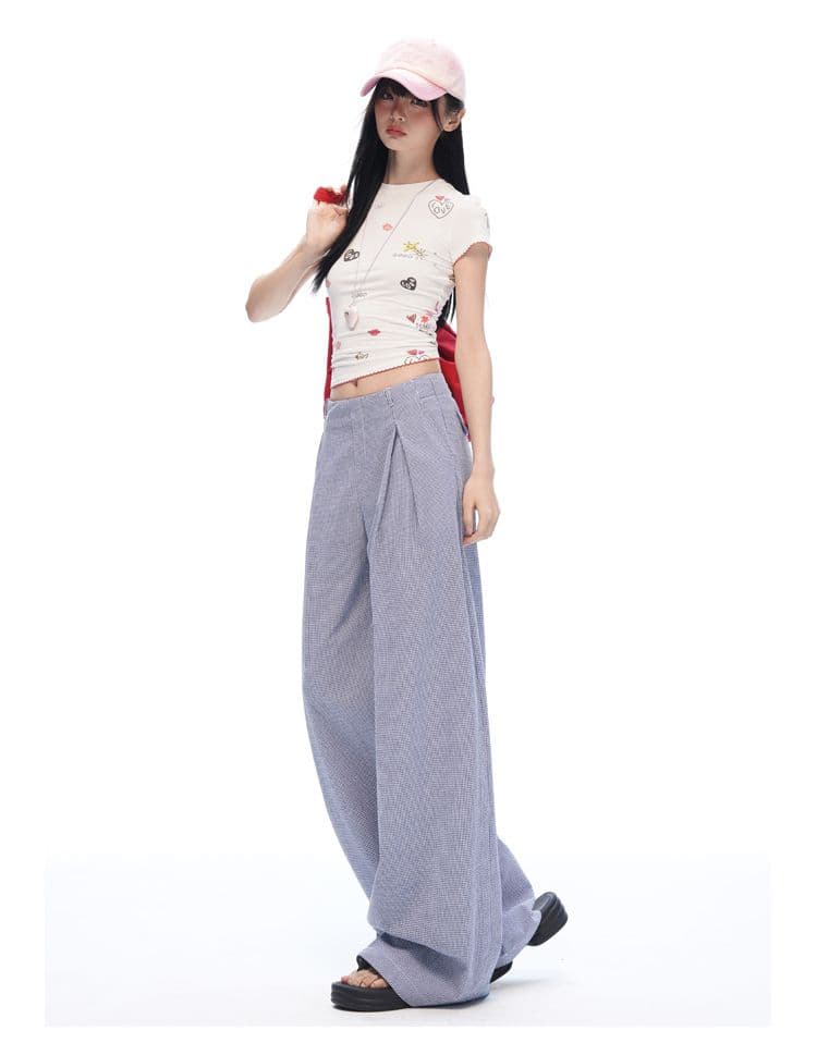 느긋한 여름 오래된 돈 바람 안개 블루 체크무늬 스트레이트 와이드 레깅스 바지 명중 Pleat 통기성 한 마디 프로필 모양 캐주얼 바지 상세 이미지 20