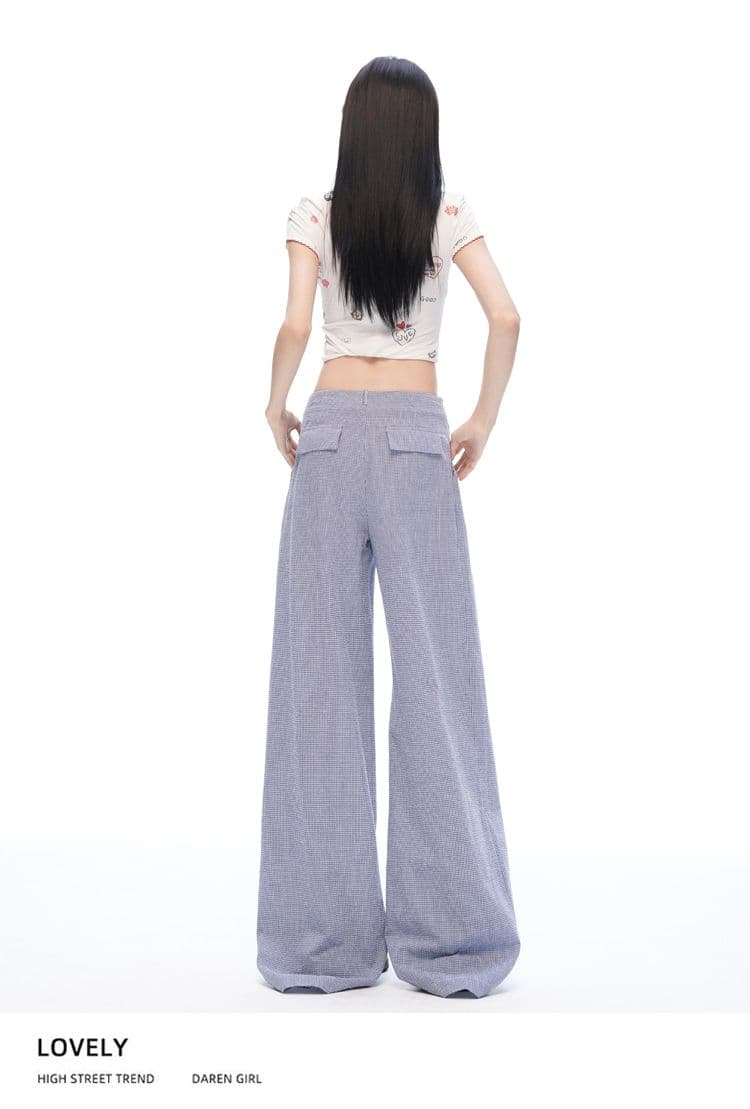 느긋한 여름 오래된 돈 바람 안개 블루 체크무늬 스트레이트 와이드 레깅스 바지 명중 Pleat 통기성 한 마디 프로필 모양 캐주얼 바지 상세 이미지 21