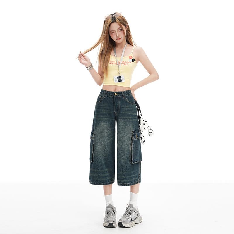 아메리칸 레트로 주머니 데님 워크웨어 반바지 여성 하이웨이스트 스트레이트 루즈핏 슬림해 보이는 넓은 다리 7부 바지 이미지 6