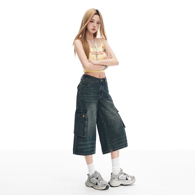 아메리칸 레트로 주머니 데님 워크웨어 반바지 여성 하이웨이스트 스트레이트 루즈핏 슬림해 보이는 넓은 다리 7부 바지 이미지 4