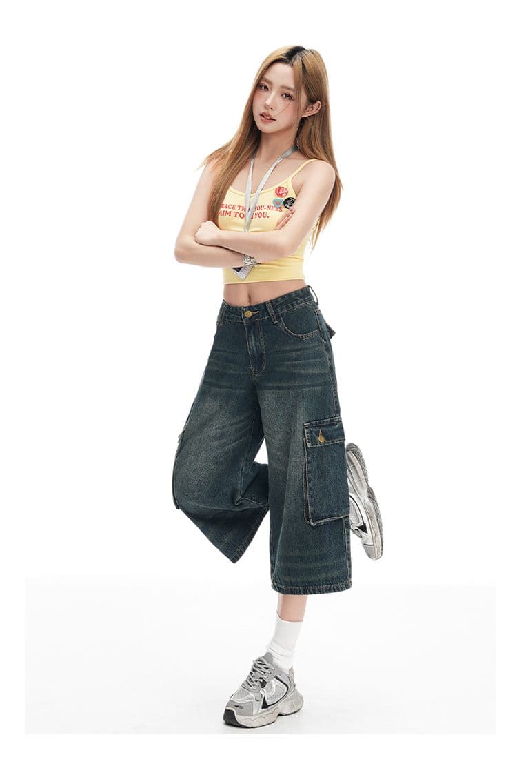 아메리칸 레트로 주머니 데님 워크웨어 반바지 여성 하이웨이스트 스트레이트 루즈핏 슬림해 보이는 넓은 다리 7부 바지 상세 이미지 13