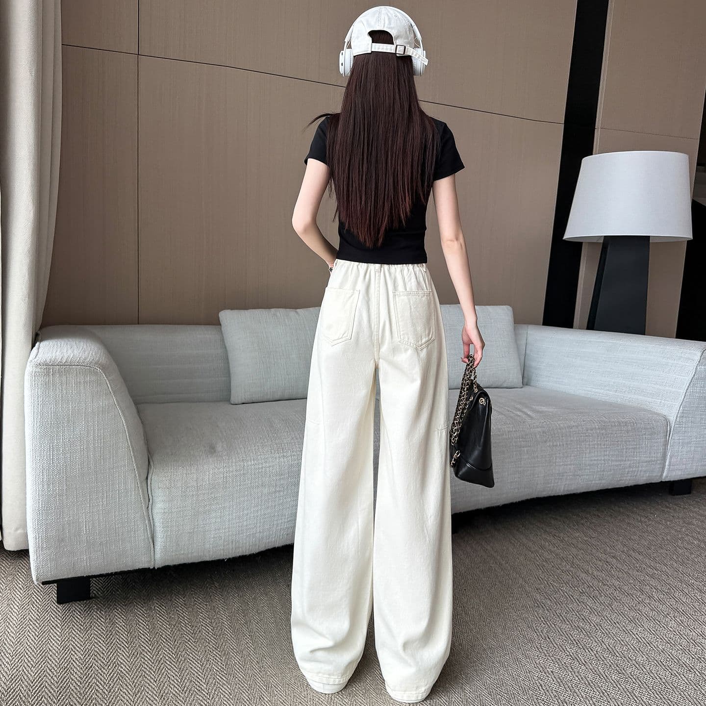 작은 키 베이지 색 모통이 칼 청바지 여성 2026 여름 하이웨이스트 스트레이트 와이드 레그 팬츠 이미지 4