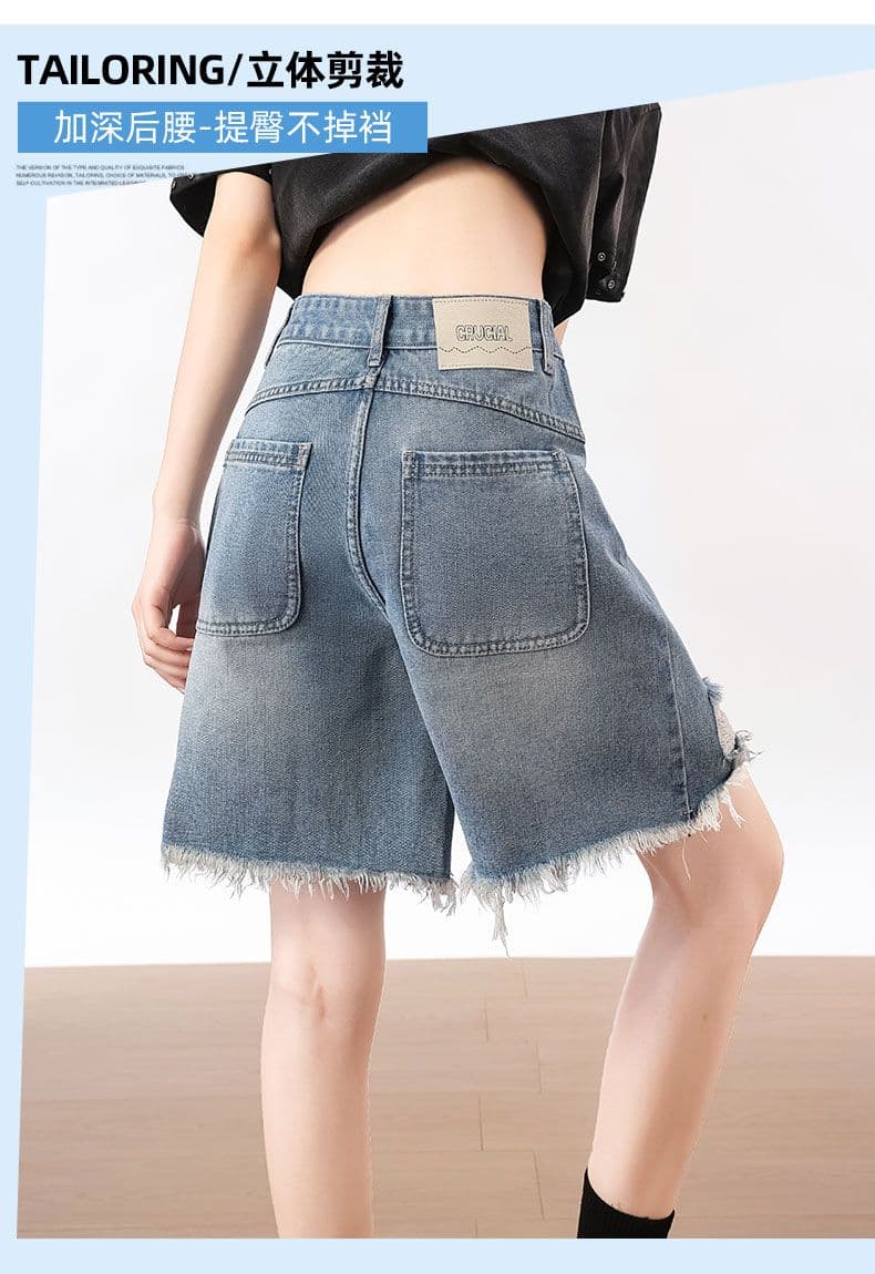 여름 아메리칸 핫걸 워싱 레트로 찢어진 부분 데님 반바지 스트레이트 루즈핏 거친 가장자리 와이드 레그 팬츠 상세 이미지 7