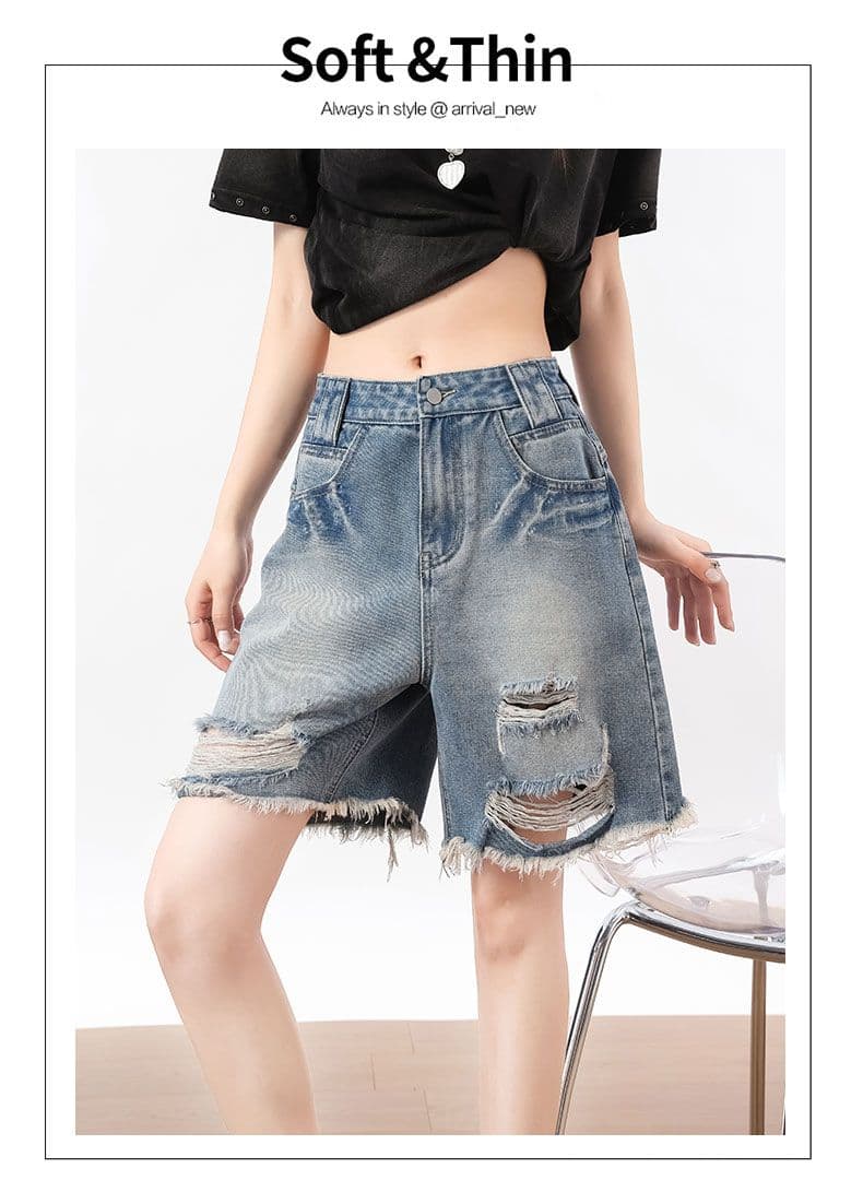 여름 아메리칸 핫걸 워싱 레트로 찢어진 부분 데님 반바지 스트레이트 루즈핏 거친 가장자리 와이드 레그 팬츠 상세 이미지 14