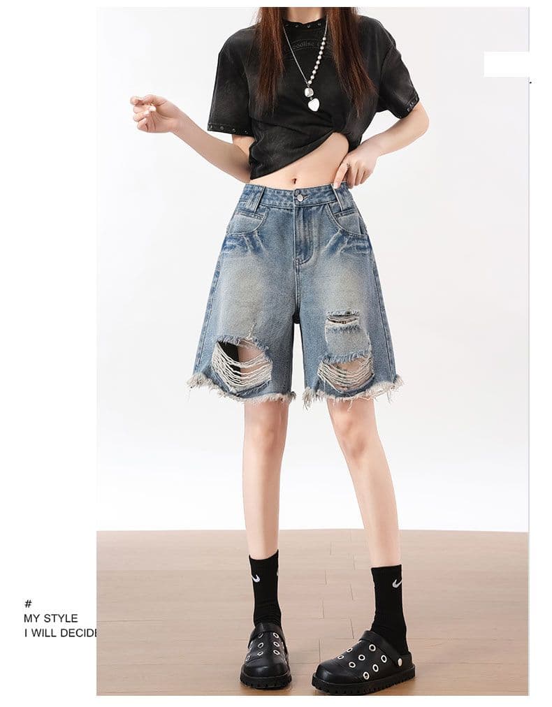 여름 아메리칸 핫걸 워싱 레트로 찢어진 부분 데님 반바지 스트레이트 루즈핏 거친 가장자리 와이드 레그 팬츠 상세 이미지 16