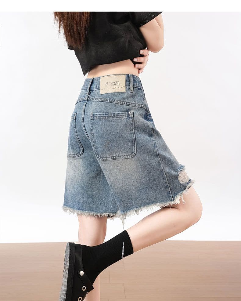 여름 아메리칸 핫걸 워싱 레트로 찢어진 부분 데님 반바지 스트레이트 루즈핏 거친 가장자리 와이드 레그 팬츠 상세 이미지 18