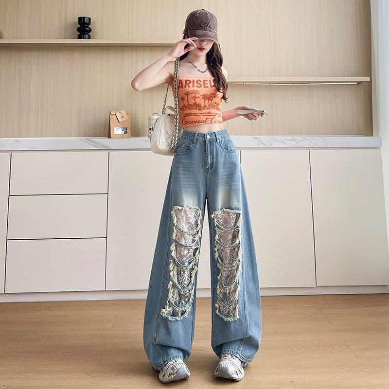 데님 블루 찢어진 부분 레이스 모통이 칼 청바지 여성 2026 년 봄 여름 트렌드 핫걸 바람 스트레이트 넓은 다리 바닥 청소 바지 이미지 2