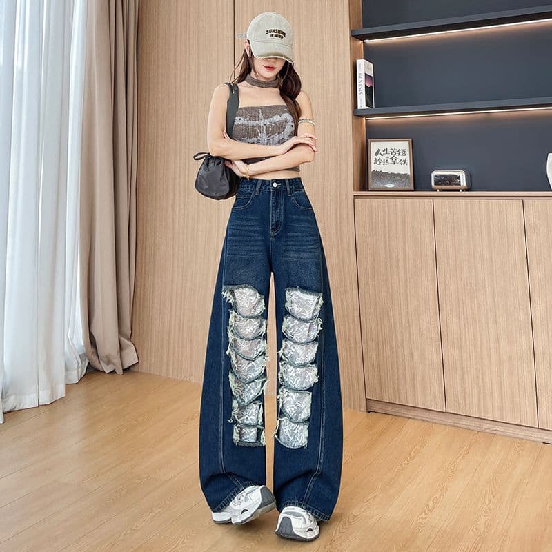 데님 블루 찢어진 부분 레이스 모통이 칼 청바지 여성 2026 년 봄 여름 트렌드 핫걸 바람 스트레이트 넓은 다리 바닥 청소 바지 이미지 3