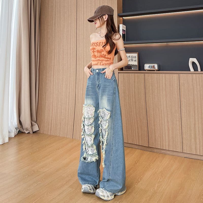 데님 블루 찢어진 부분 레이스 모통이 칼 청바지 여성 2026 년 봄 여름 트렌드 핫걸 바람 스트레이트 넓은 다리 바닥 청소 바지 이미지 4