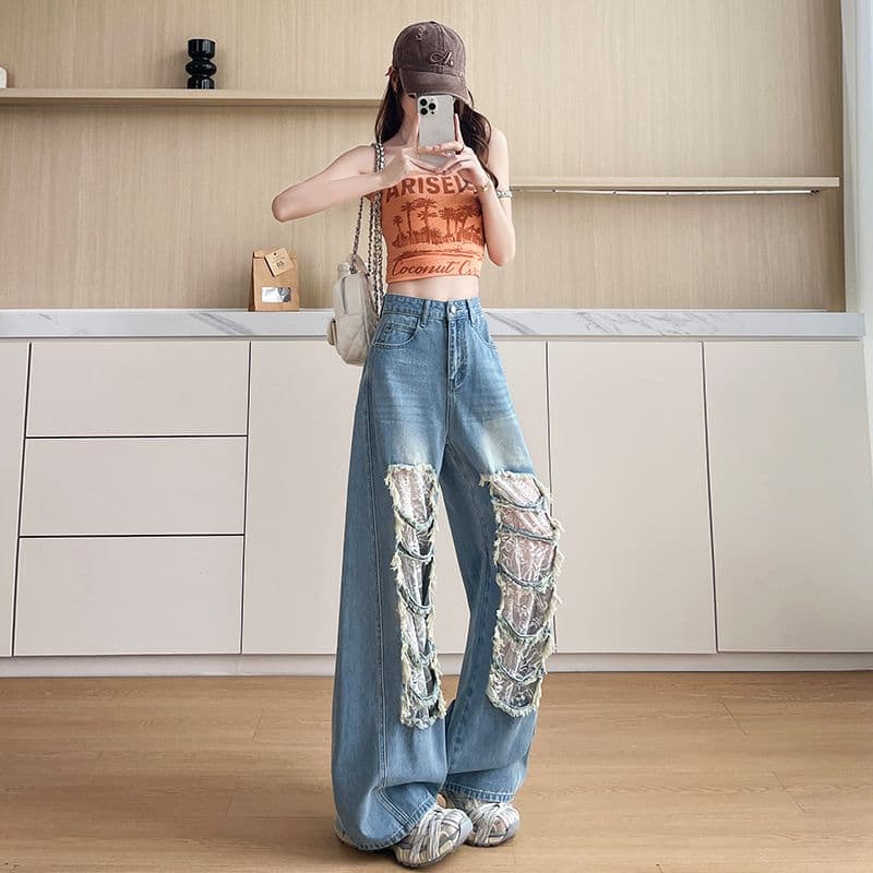 데님 블루 찢어진 부분 레이스 모통이 칼 청바지 여성 2026 년 봄 여름 트렌드 핫걸 바람 스트레이트 넓은 다리 바닥 청소 바지 이미지 6