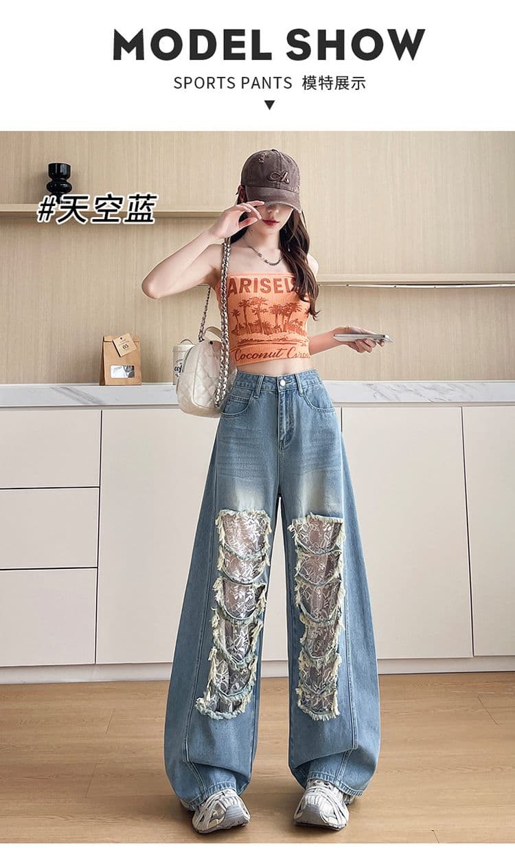 데님 블루 찢어진 부분 레이스 모통이 칼 청바지 여성 2026 년 봄 여름 트렌드 핫걸 바람 스트레이트 넓은 다리 바닥 청소 바지 상세 이미지 17